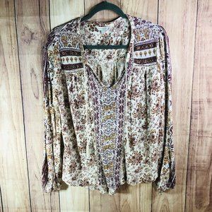 Lucky Brand Multi Print Long Sleeve Beaded Tassel Peasant Blouse Boho Size Large